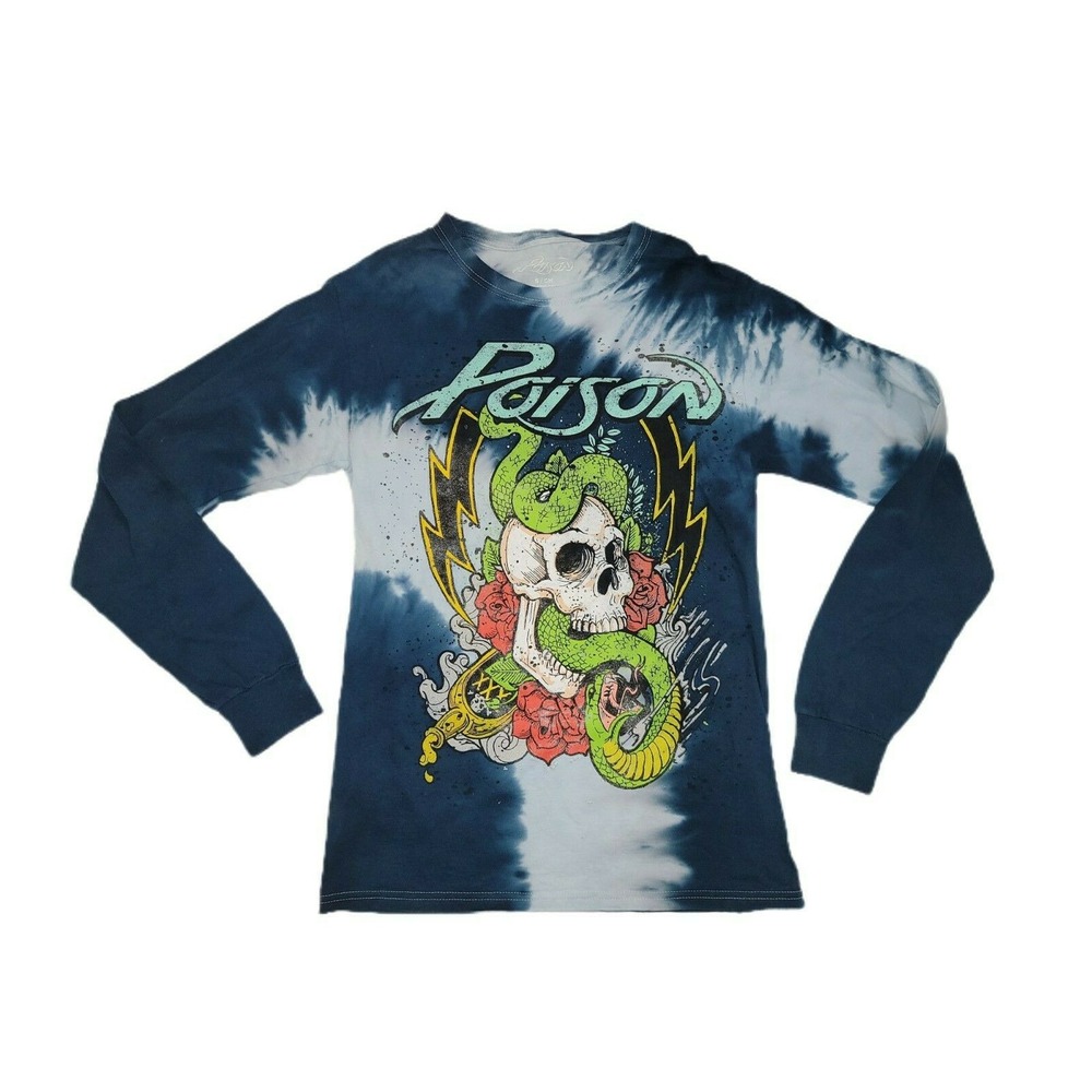 Poison Rock Band Men's Blue Tie-Dye Graphic Tee Long Sleeve Shirt Sz Small New